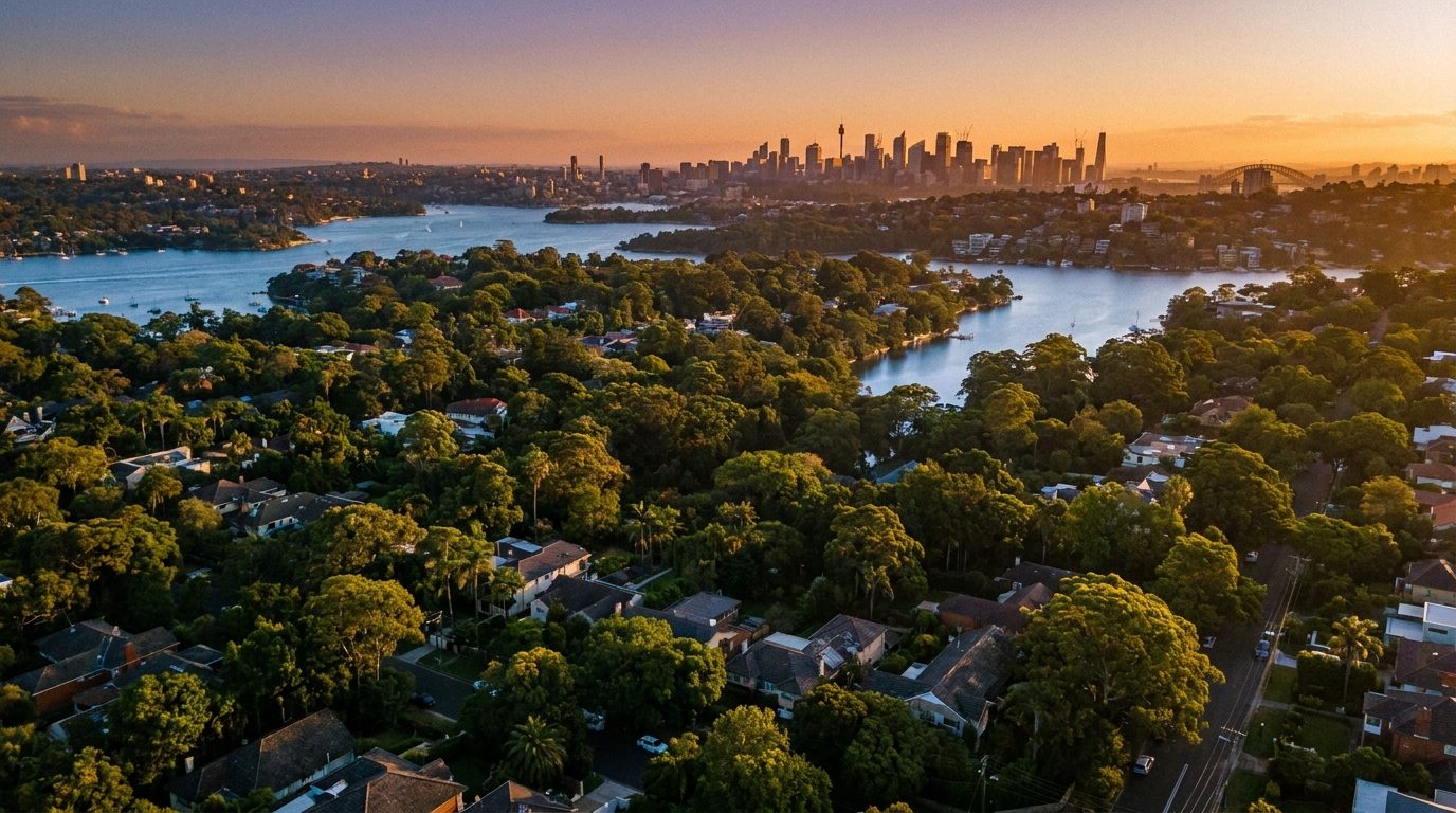 Aerial of North Shore, NSW, at golden hour — Mosman's home market