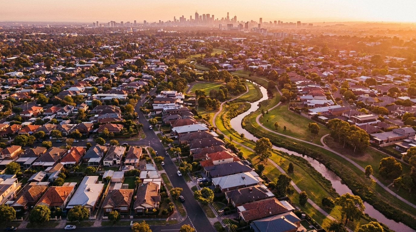 Aerial of Northern Melbourne, VIC, at golden hour — Essendon's home market