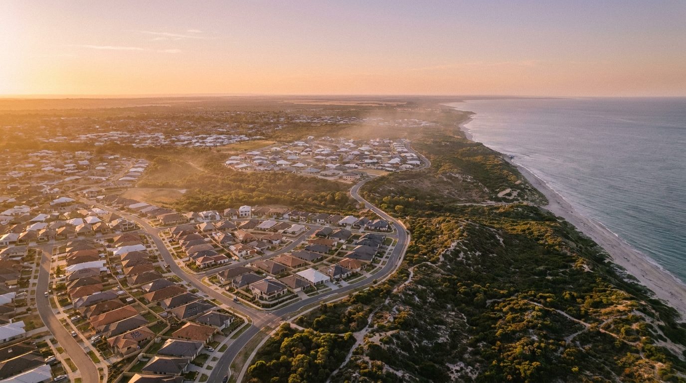 Aerial of Outer North, WA, at golden hour — Wanneroo's home market