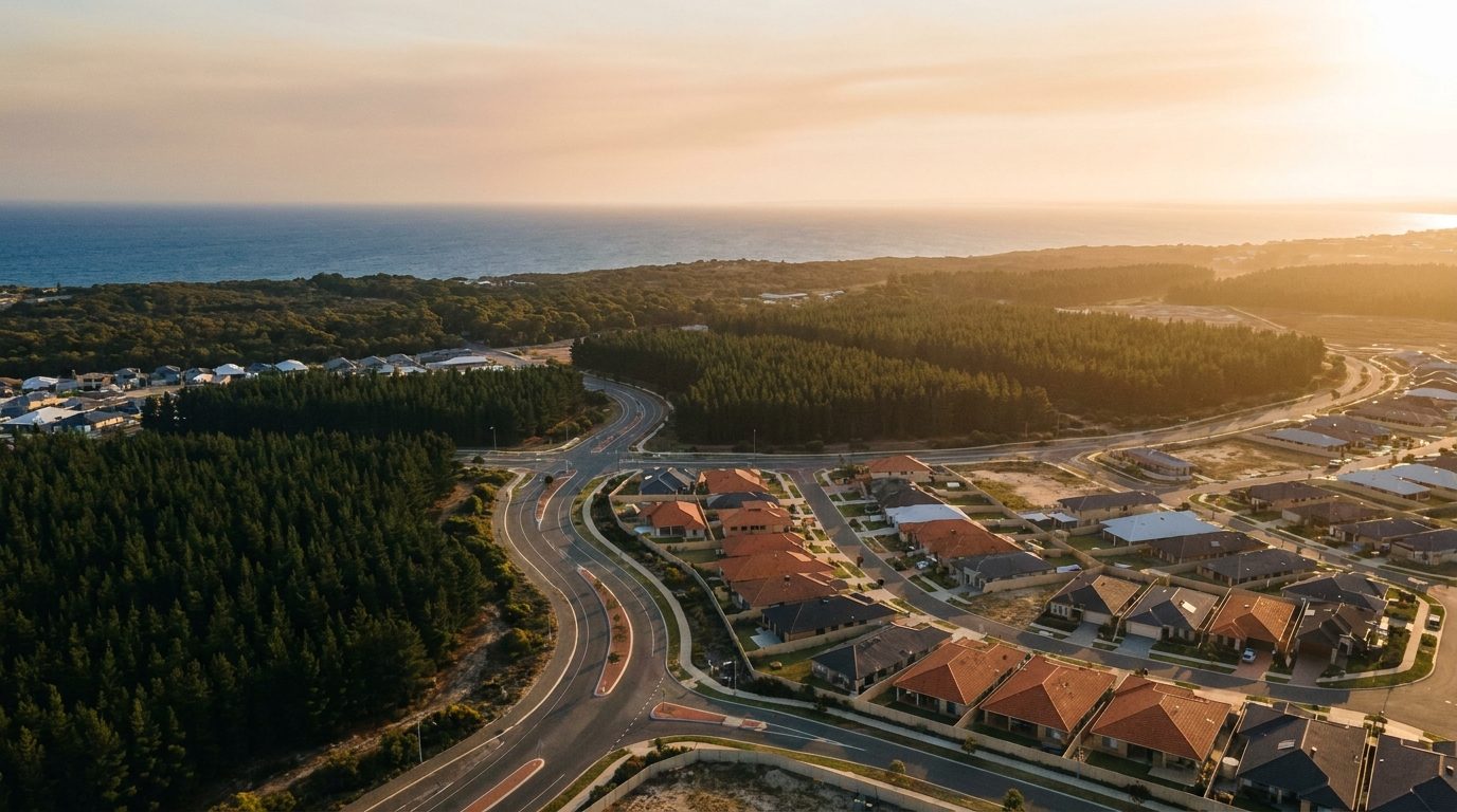 Aerial of Outer South, WA, at golden hour — Baldivis's home market