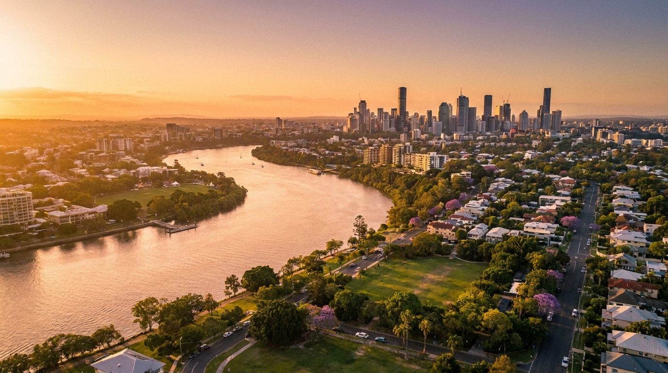 Aerial of South Brisbane, QLD, at golden hour — Annerley's home market