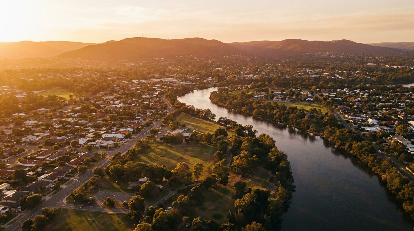 Aerial of South East Metro, WA, at golden hour — Armadale's home market