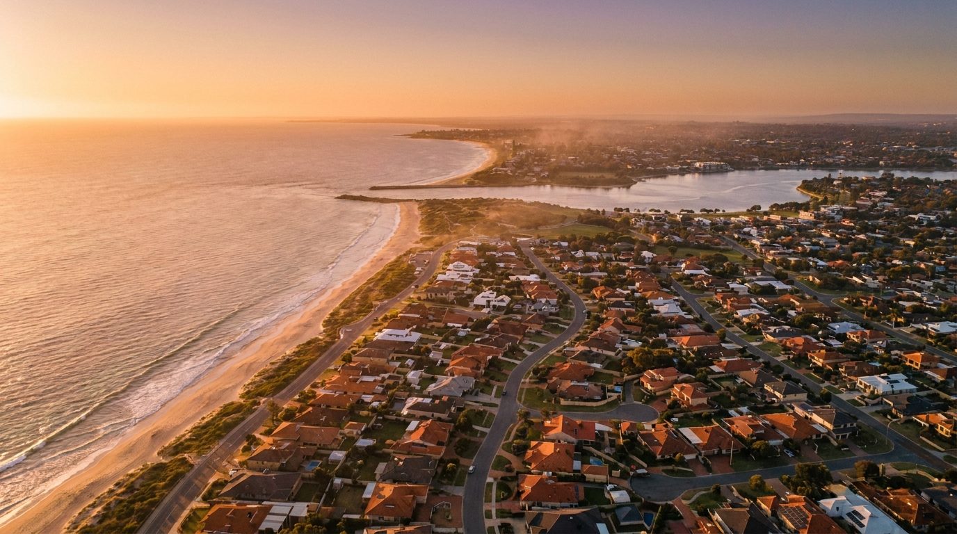Aerial of South West Metro, WA, at golden hour — Fremantle's home market