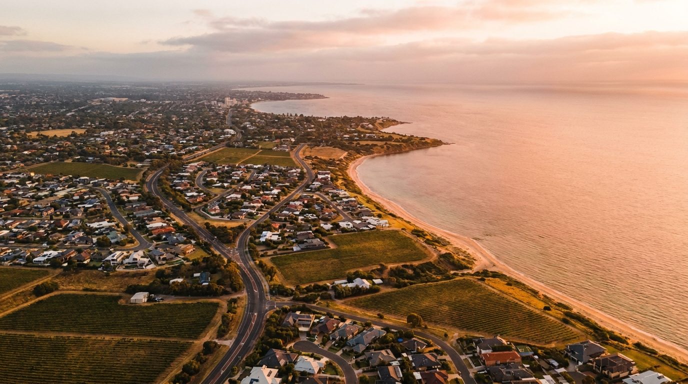 Aerial of Southern Adelaide, SA, at golden hour — Aberfoyle Park's home market