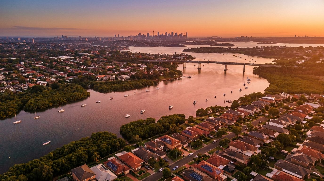 Aerial of St George, NSW, at golden hour — Arncliffe's home market