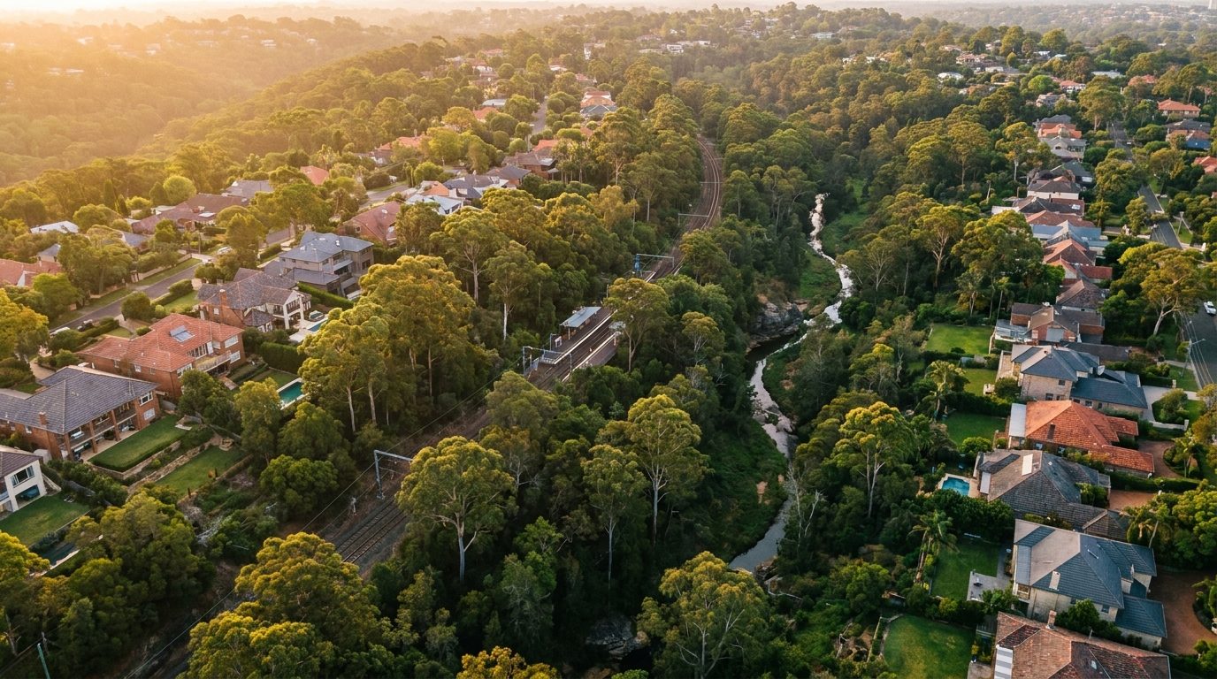 Aerial of Upper North Shore, NSW, at golden hour — St Ives's home market