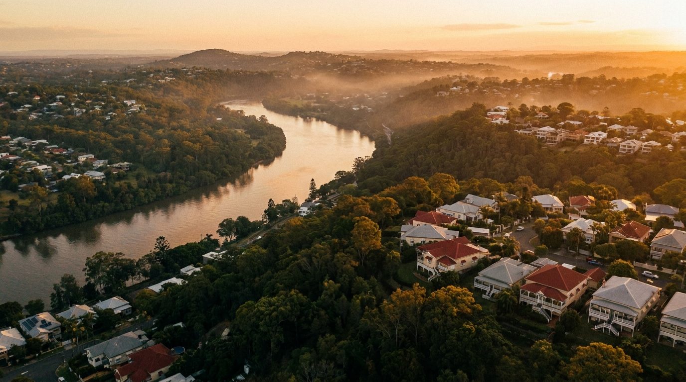 Aerial of West Brisbane, QLD, at golden hour — Kenmore's home market