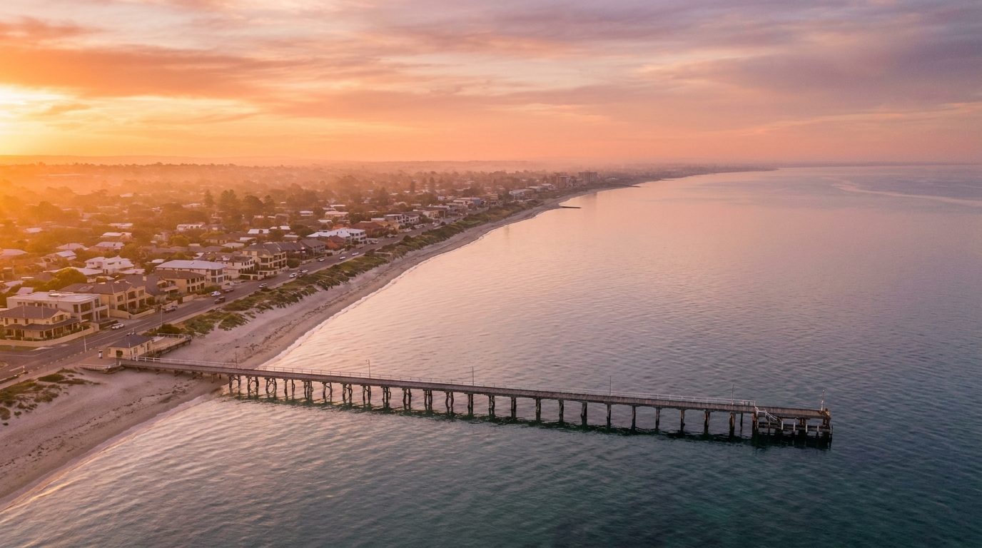 Aerial of Western Adelaide, SA, at golden hour — Semaphore's home market
