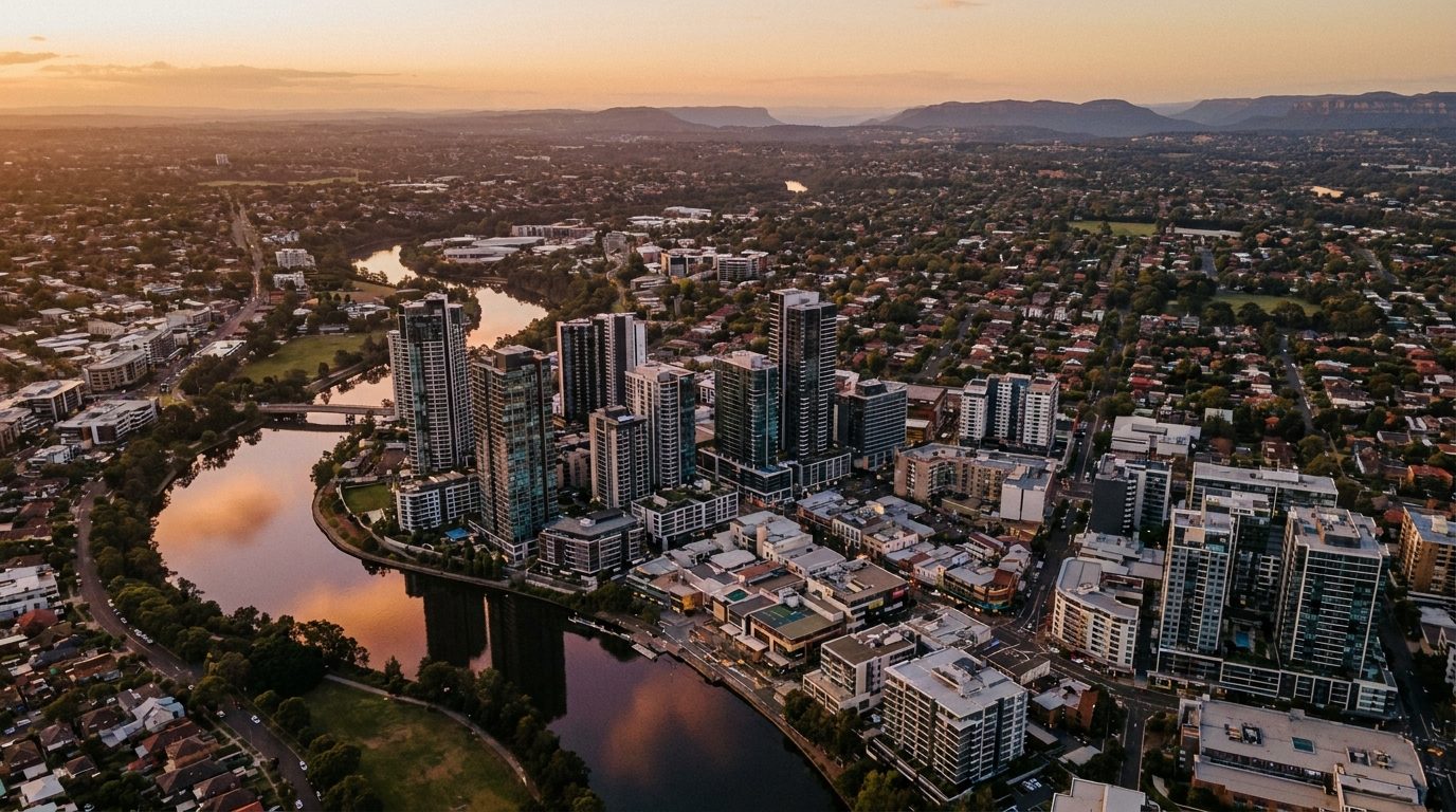 Aerial of Western Sydney, NSW, at golden hour — Lidcombe's home market