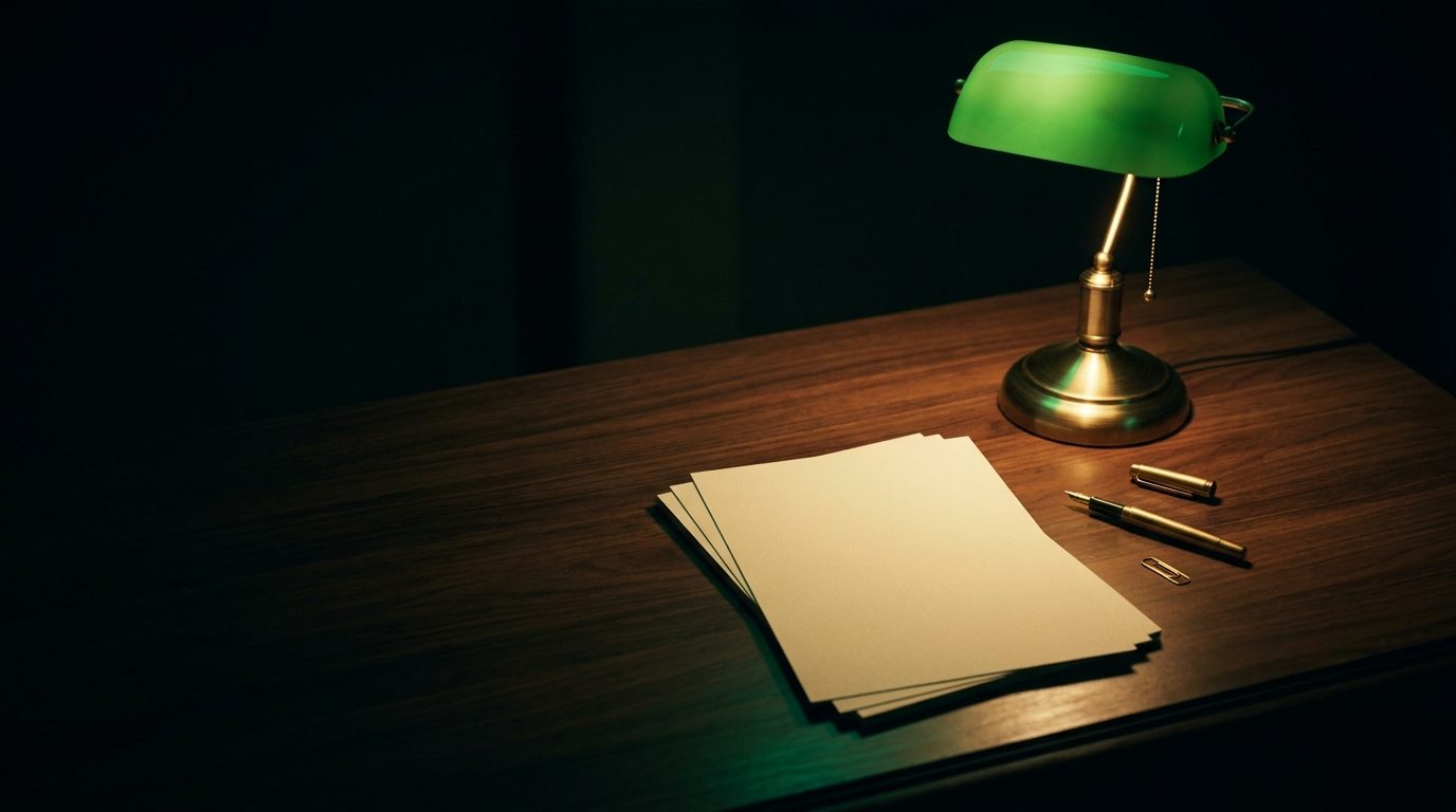 A green banker's lamp casting warm light over a stack of blank papers on a dark desk