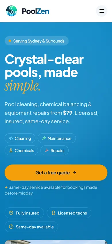 PoolZen website on a phone